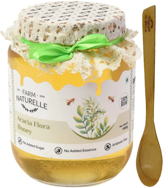 Farm Naturelle-Acacia Flower Wild Forest Honey|1000gm+150gm Extra and a Wooden Spoon| 100% Pure Honey, Raw Natural Un-Processed - Un-Heated Honey | Lab Tested in Glass Bottle.