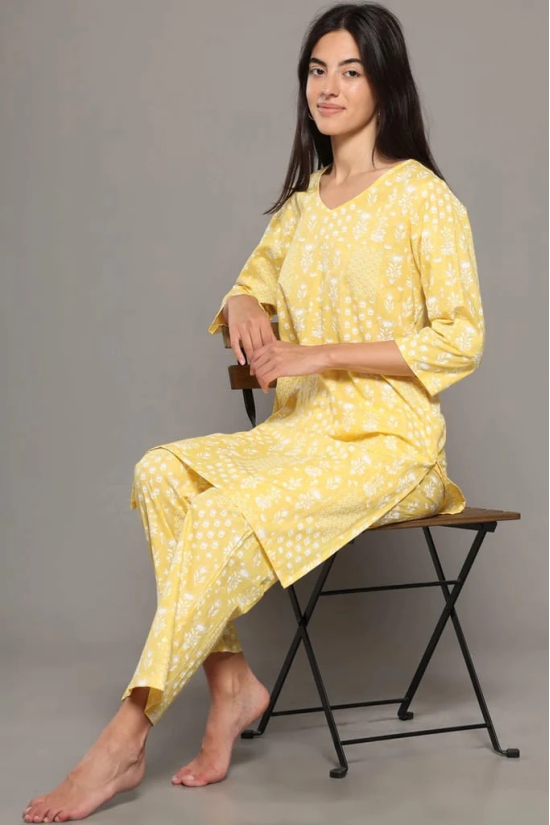 BREATHABLES Women Cotton Printed Loungewear Kurta and Pants Co-ord Set 3/4 Sleeve  V Neck Comfort Loose Fit (Night Wear | Co-ord set | Lounge Wear Set)