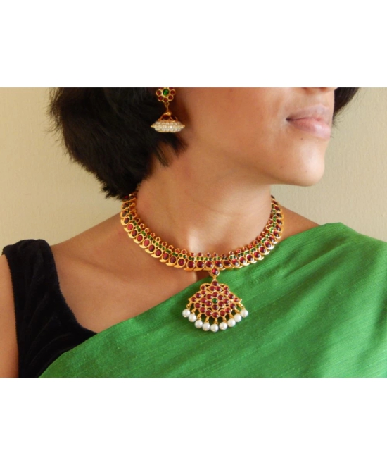 Handmade High quality beautiful Gold plated Mango Motif Design Maroon & Green Kemp Choker Necklace S