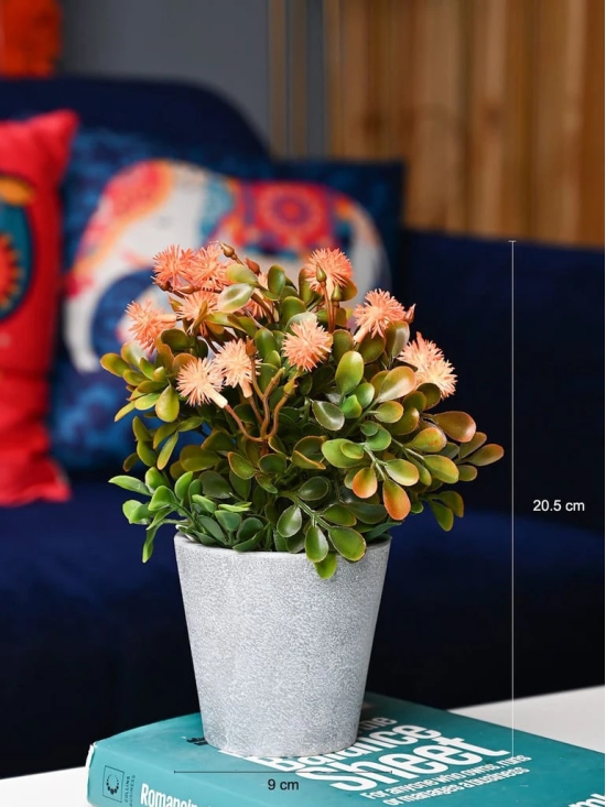 Orange & Green Artificial Flower with Pot - Cylindrical Shape