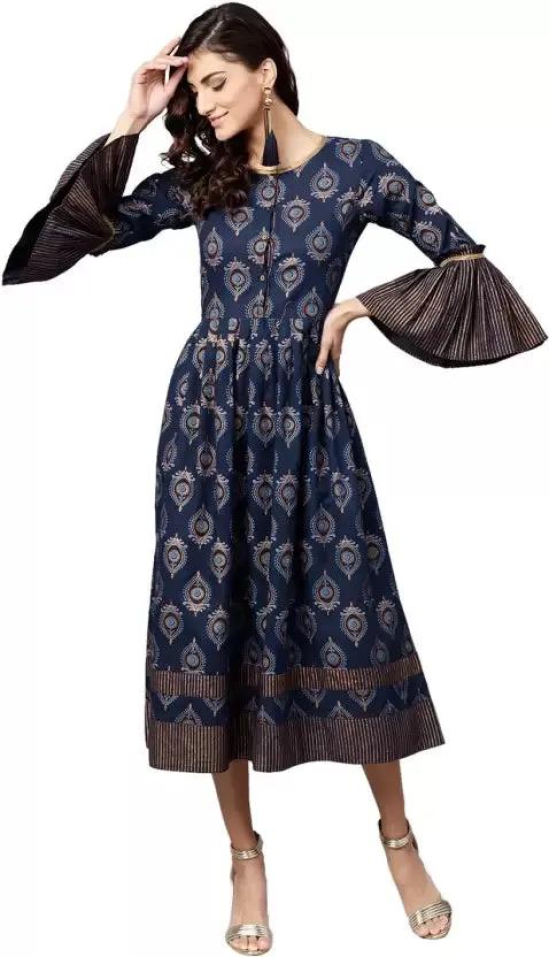 Navy Blue & Golden Ethnic Motifs Printed Cotton Ethnic Fit & Flare Midi Dress For Women-Large