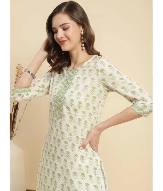 Rangita Women White Cotton Floral Printed Knee Length Straight Kurti - None