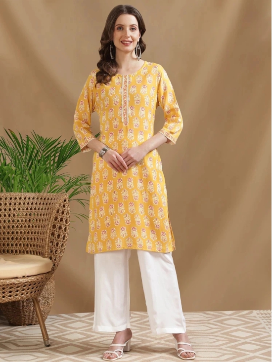 Rangita Women Yellow Rayon Printed Knee Length Straight Kurti - None