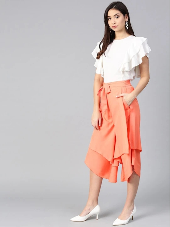 Women Off White & Peach-Coloured Ruffled Top with Layered Trousers