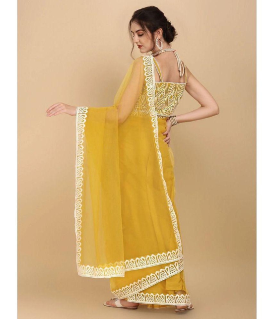 Rangita Women Solid Embroidered Net Saree with Blouse Piece - Yellow - Yellow