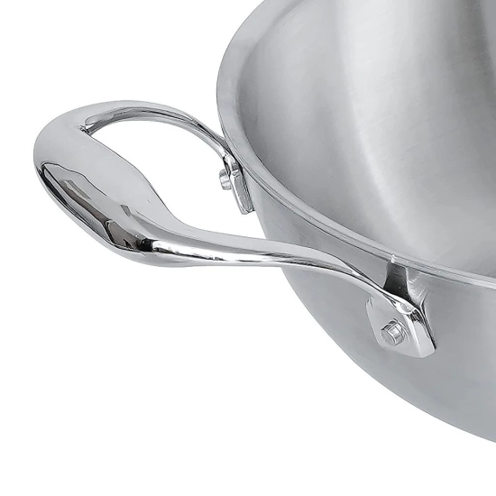 Femora Stainless Steel Flat Kadhai with Handle, Bonded Tri-Ply Bottom, 26 cm,Silver, Zero Coating, Health Safe