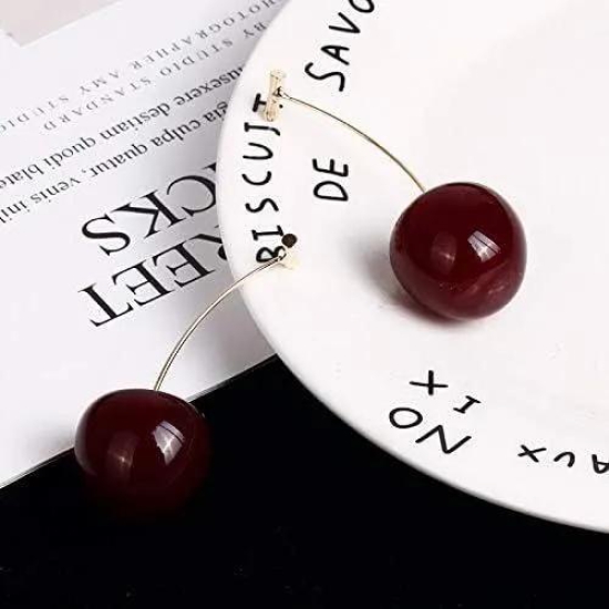 3D Red Cherry Drop Earrings Cute Fruit Gold Dangle Earrings-Free Size