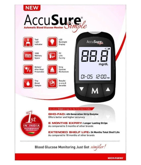 Accusure Simple Glucometer + 100 strips Expiry -Feb 2024