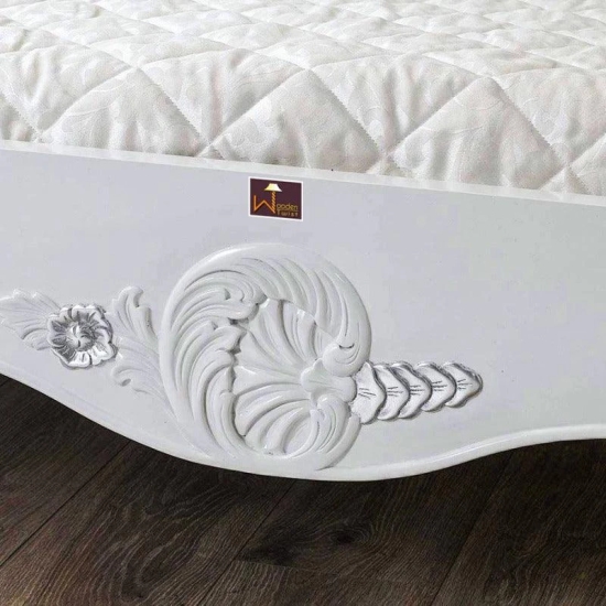 Super King Size Teak Wood Bed Hand Carved with Cushioned Design-White