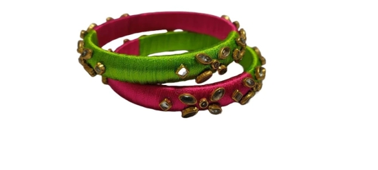 Pink and Green Silk Thread Bangle Set with Stone Detailing