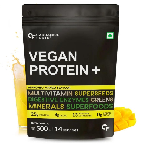 Carbamide Forte Vegan Protein Powder - Plant Based Pea Protein Powder with Multivitamin, Minerals, Superfoods, Digestive Enzymes - 500g-Mango