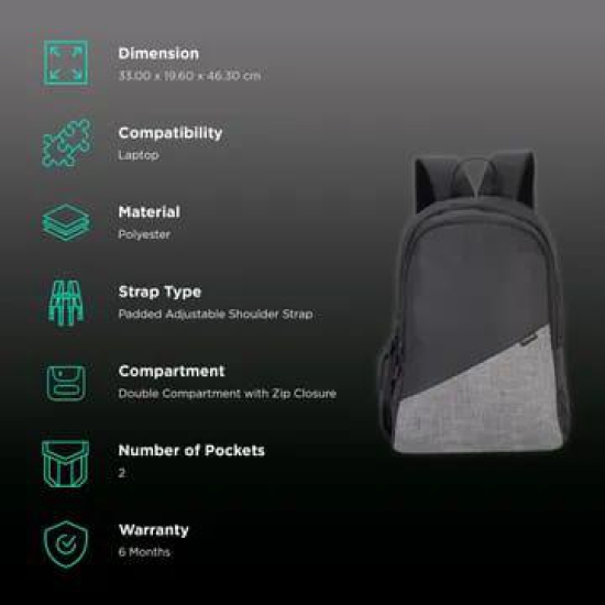 Croma Polyester Laptop Backpack (30 L, 2 Spacious Compartments, Grey and Black)