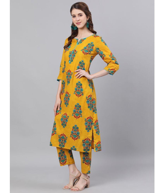 Antaran Cotton Printed Kurti With Pants Womens Stitched Salwar Suit - Yellow ( Pack of 1 ) - None