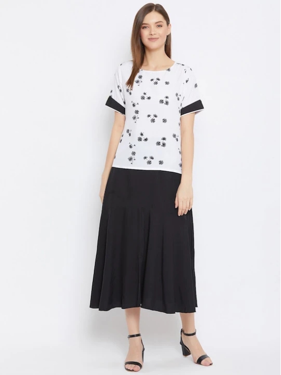 Women White & Black Printed Top with Skirt