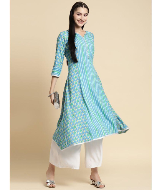 Rangita Women Rayon Blue Tonal Printed Calf Length Kalidar Kurti - None