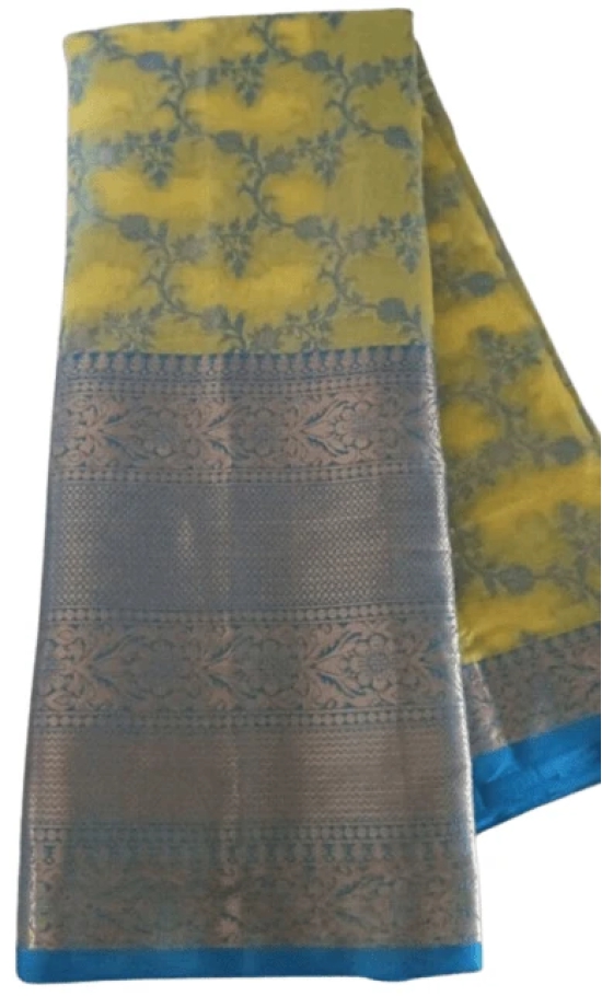 Yellow Tissue Saree With Blue Zari Border