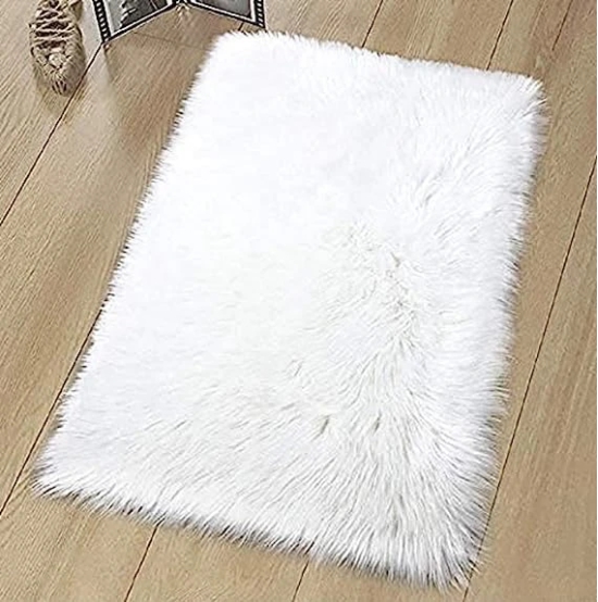 KATHIYAWADI  Sheepskin Rug | Fluffy Soft Faux Fox Fur for Bedroom Living Room Decor | Faux Fur Bedside Rug, Decorative Fur for Chair, Sofa, Bed,Room Decor, Rectangle (60x90 cm - 2x3 Feet - Mat, White)