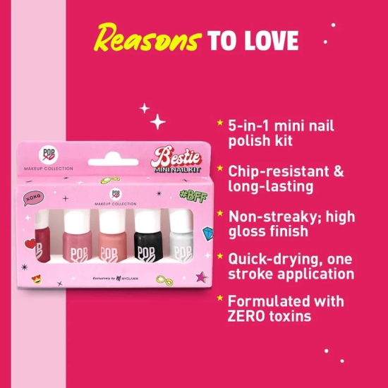 POPxo Makeup - Bestie Mini Nail Kit (Set of 5) | Long Lasting, Chip-Resistant, Glossy Mini Nail Polish Set (3ml x 5)