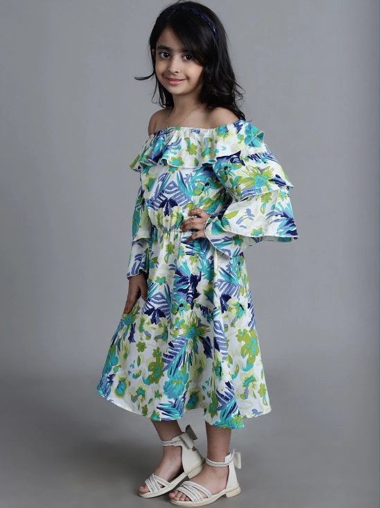 MINI & MING Girls Floral Printed Off-Shoulder Bell Sleeve Crepe A-Line Midi Dress