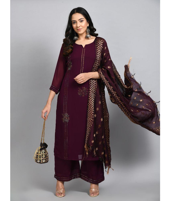 Desinoor - Wine Straight Georgette Women''s Stitched Salwar Suit ( Pack of 1 ) - None