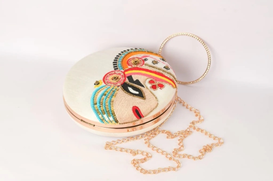 Embellished Cream With Multi Color Round Shape Hand Clutch Cum Sling Hanging Bag