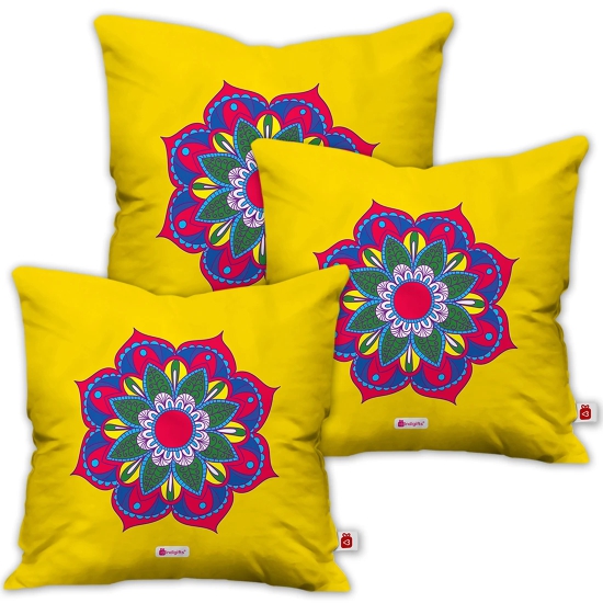 Indigifts Dipawali Gift Items Floral Mandala Print Yellow Cushion Cover 18x18 Set of 3 - Diwali Gift Items, Diwali Decoration Items, Deepavali Decoration, Dipawli Gifts, Deepawali Greetings