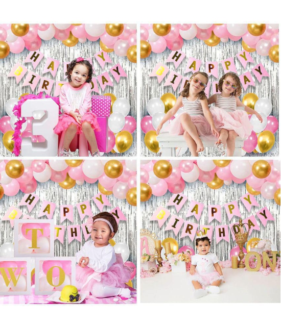 Party Propz Happy Birthday Decorations For Girls Combo Set- Pink White Gold Metallic Balloons, Happy Birthday Bunting, Foil Curtain- Girls, Women, 1st, 2nd, 3rd, 4, 5,6th - 34Pcs - Multi-Col