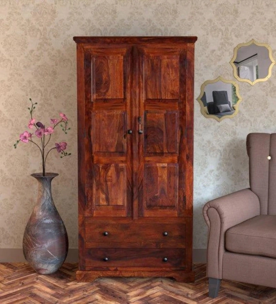 Solid Teak Wood 2 Door Wardrobe Honey Finish-Brown