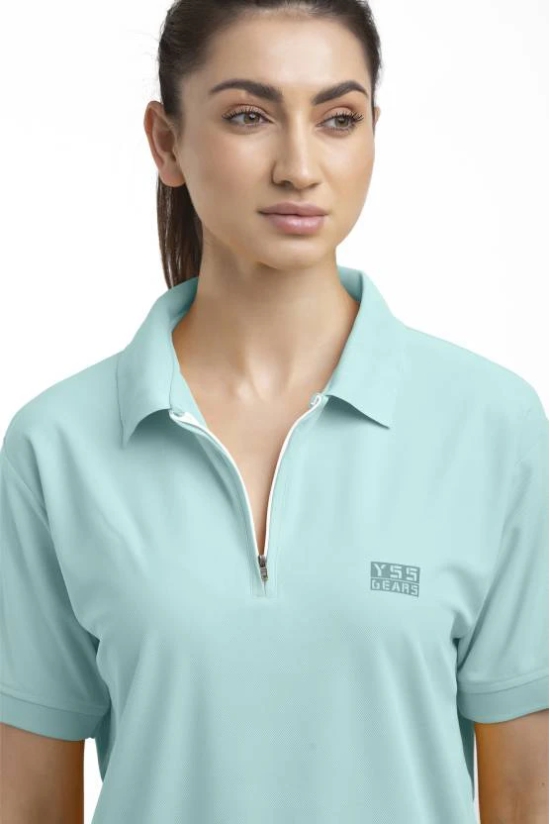 Women Solid Zip Neck Polyester Light Blue T-Shirt