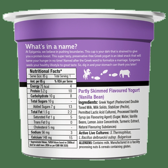 Epigamia Greek Yogurt - Vanilla Bean, High In Protein, No Preservatives, 85 G Cup