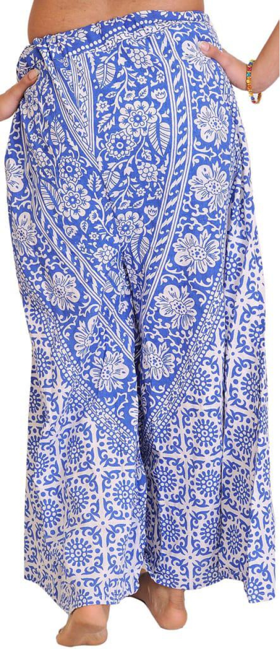 Nautical-Blue Palazzo Pants from Pilkhuwa with Printed Flowers and Elephants