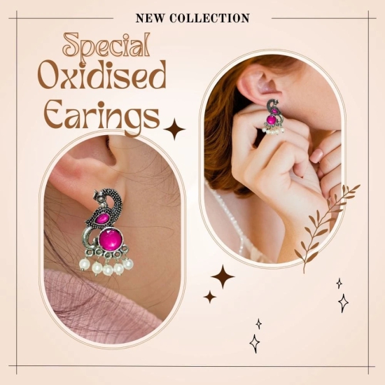 Earrings For Women Oxidised Silver Peacock Shape Jhumki Earrings For Girls And Women - Light Pink