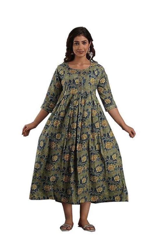 KASHVI Creation Women's Cotton Floral Printed Anarkali Maternity Feeding Kurti-Green