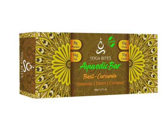 YOGABITES- Ayurveda Bars /Protein Bar /Energy Bar - Basil,Curcumin with Piperine ,Almond ,Medjool Dates, Coconut, Flax, Pumpkin-60 ge (Pack of 6)