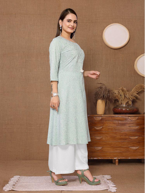 Rangita Women Rayon Mint Green Embroidered Calf Length A-line Kurti - None