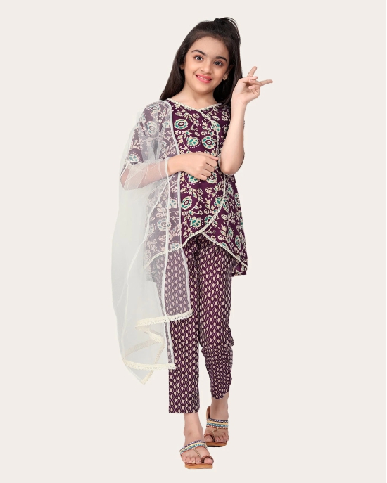 Designer Cotton Print Work Kid Top Bottom With Dupatta Purple-Purple / 8 - 9 Years