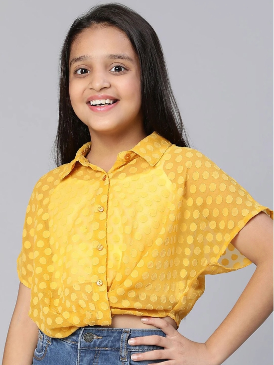 Oxolloxo Girls Yellow Self Design Shirt Style Crop Top