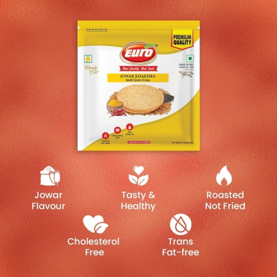 Euro Jowar Khakhra 180Gm Pack of 4|Roasted Not Fried | Cholesterol Free | Zero Transfat |Vacuum-Sealed for Freshness | Authentic Gujarati Snack, Ideal for Tea Time | Healthy Khakhra Options| Healthy Snacking