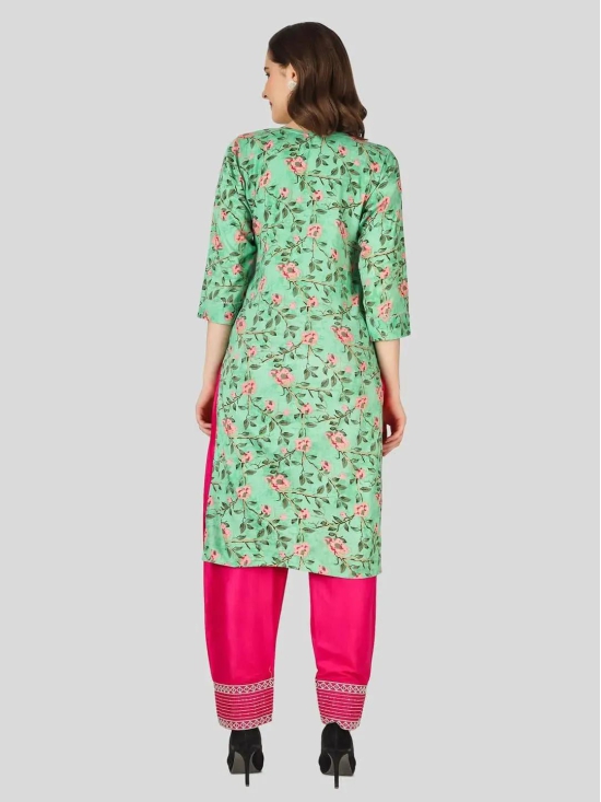 Glamorous Floral embroidered seafoam green Color Thread work Straight shape Round neck, three-quarter regular sleeves Kurta with Plazo for women.-SMALL