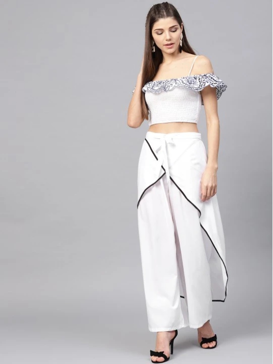 Women White Solid Layered Parallel Trousers