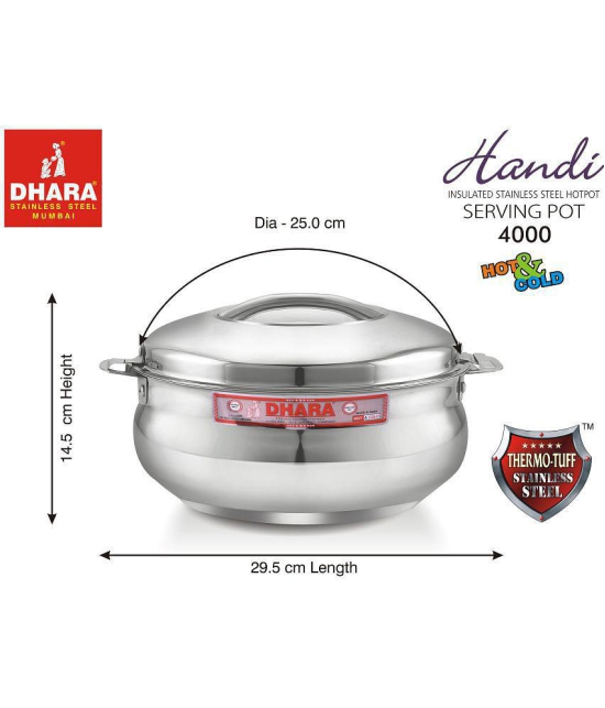 Dhara Stainless Steel Handi 4000 Silver Steel Serve Casserole ( Set of 1 , 3000 mL ) - Silver