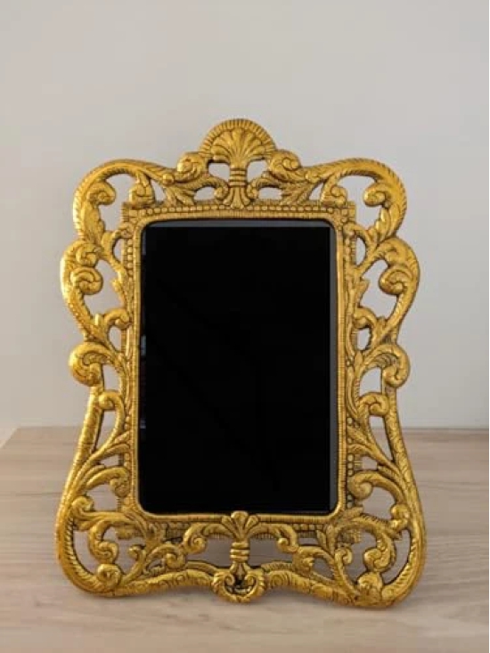 Aarna Creations Hand Crafted Big Metal Photo Frame| Beautiful Photo Frame in Royal Carving| Antique Style Golden Photo Frame big