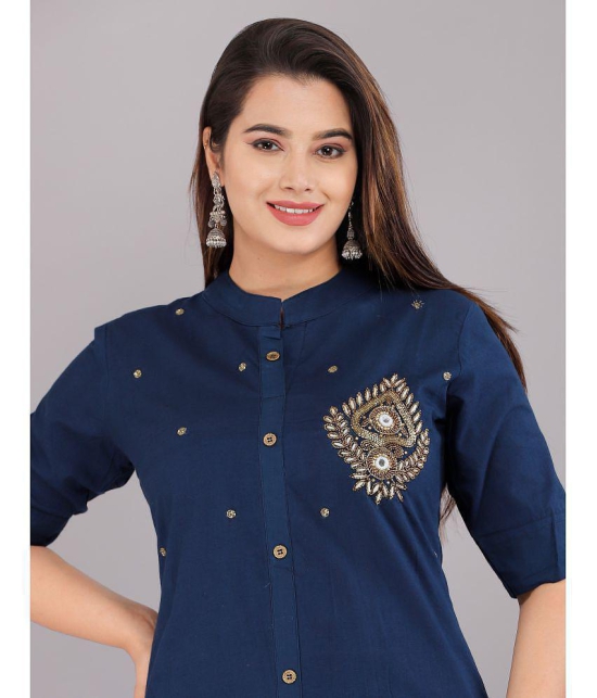 HIGHLIGHT FASHION EXPORT - Navy Cotton Blend Women''s Front Slit Kurti ( Pack of 1 ) - None