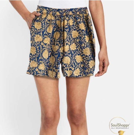 SoulShoppr Pure Cotton Jaipuri Block Print Shorts Female Blue