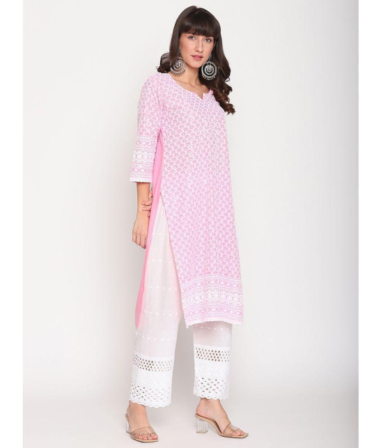 Queenley - Pink Cotton Women's Straight Kurti ( Pack of 1 ) - L