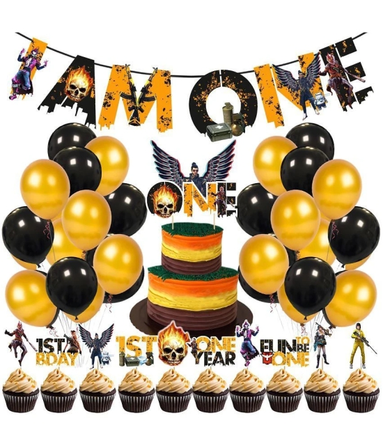 Zyozi Free Fire 1st Birthday Party Supplies, Free Fire Birthday for Boys with Happy Birthday Banner Cake Topper Cupcake Toppers Balloons(Pack of 37) - Black