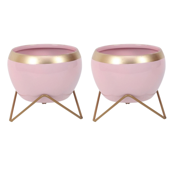 Apple Shape Metal Pink & Gold Planter (Set of 2)-Pink & Gold