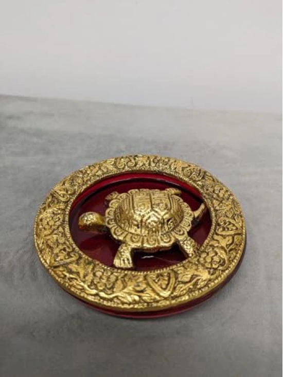 Aarna Creations Vastu Tortoise | Red Golden Kachua Plate | Metal Glass Fengshui Tortoise