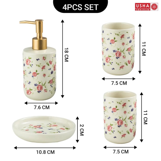 USHA SHIRAM 4 Pcs Ceramic Bathroom Set - Soap Dispenser, Soap Holder, 2 Tumblers, Handwash Dispenser, Bathroom Organizer, White-USHA SHIRAM 4 Pcs Ceramic Bathroom Set: Liquid Soap Dispenser, Soap