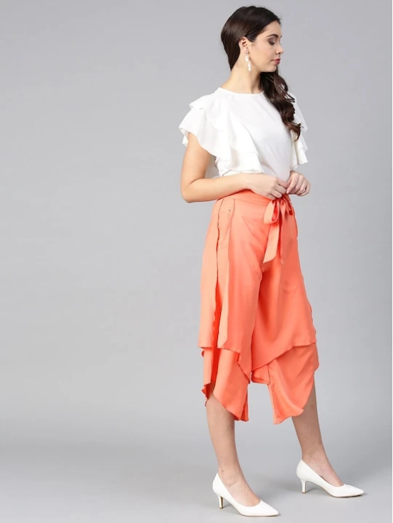 Women Off White & Peach-Coloured Ruffled Top with Layered Trousers